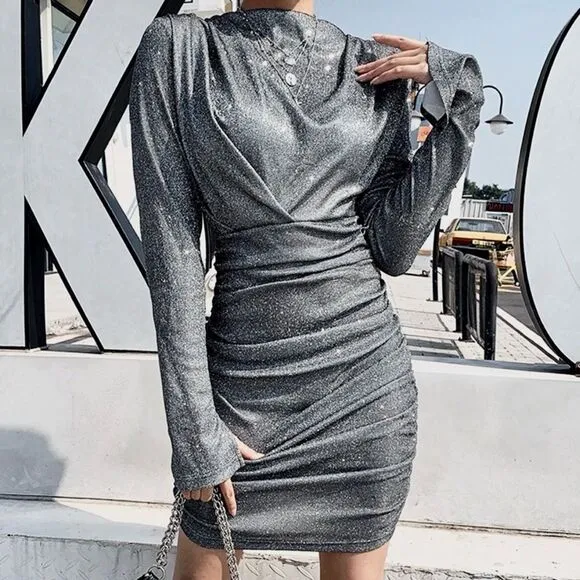 RARE House of CB 'Irena' Silver Sparkle Draped Dress EUC, size XS