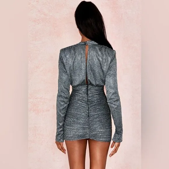 RARE House of CB 'Irena' Silver Sparkle Draped Dress EUC, size XS