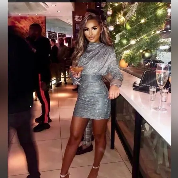 RARE House of CB 'Irena' Silver Sparkle Draped Dress EUC, size XS