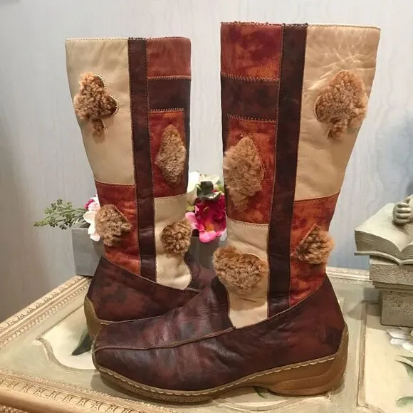 Rare Vintage Italian Gio Cellini Leather Bohemian Patchwork Poker Boots Sz 8.5
