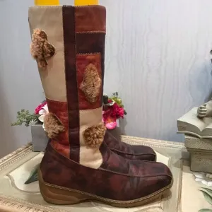 Rare Vintage Italian Gio Cellini Leather Bohemian Patchwork Poker Boots Sz 8.5