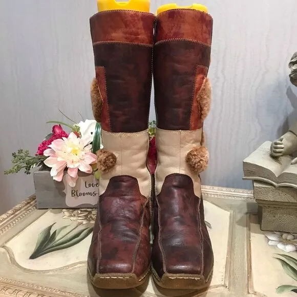 Rare Vintage Italian Gio Cellini Leather Bohemian Patchwork Poker Boots Sz 8.5