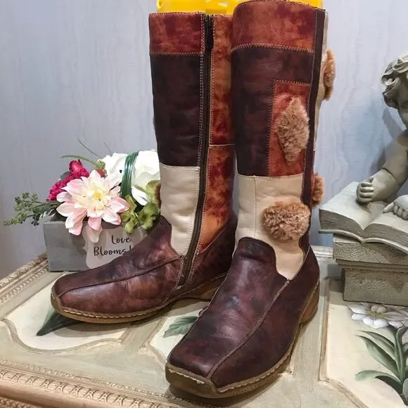Rare Vintage Italian Gio Cellini Leather Bohemian Patchwork Poker Boots Sz 8.5