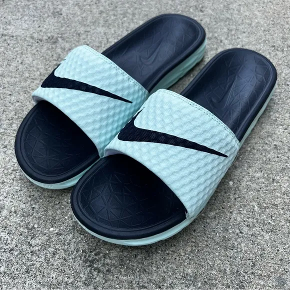 RARE WMNS NIKE BENASSI SOLARSOFT SLIDES JDI ICE BABY BLUE DARK NAVY BLUE SOLAR