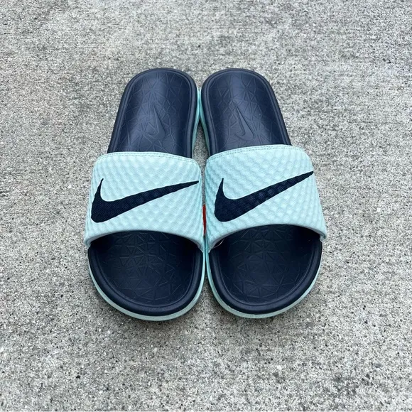 RARE WMNS NIKE BENASSI SOLARSOFT SLIDES JDI ICE BABY BLUE DARK NAVY BLUE SOLAR