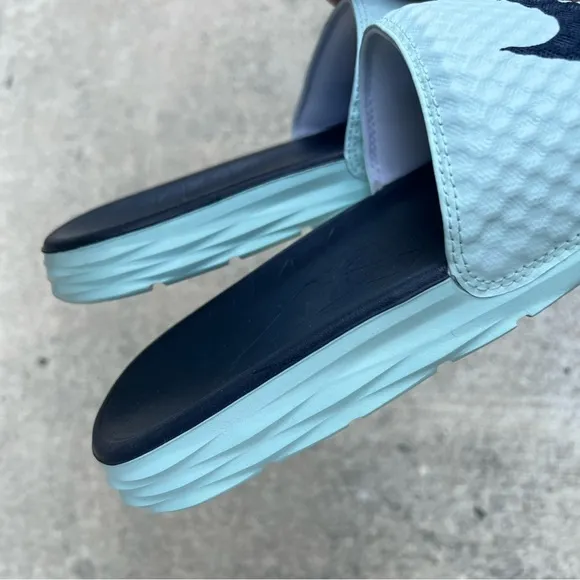 RARE WMNS NIKE BENASSI SOLARSOFT SLIDES JDI ICE BABY BLUE DARK NAVY BLUE SOLAR