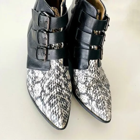 RAYE REVOLVE Black White Two Tone Snakeskin Toe Buckle Ankle Boots Booties 38