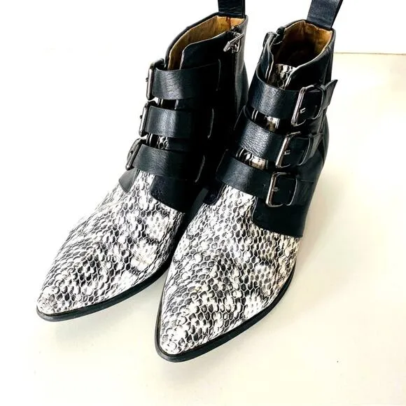 RAYE REVOLVE Black White Two Tone Snakeskin Toe Buckle Ankle Boots Booties 38