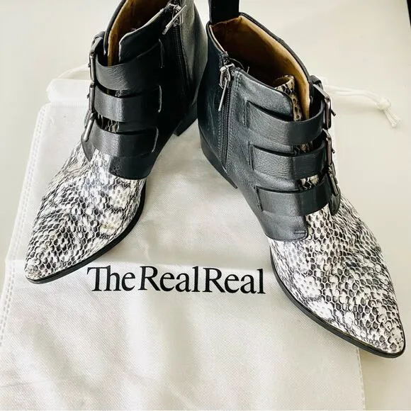 RAYE REVOLVE Black White Two Tone Snakeskin Toe Buckle Ankle Boots Booties 38