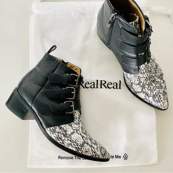 RAYE REVOLVE Black White Two Tone Snakeskin Toe Buckle Ankle Boots Booties 38