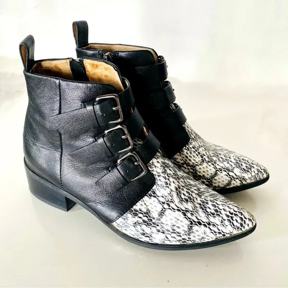 RAYE REVOLVE Black White Two Tone Snakeskin Toe Buckle Ankle Boots Booties 38