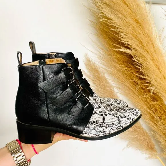 RAYE REVOLVE Black White Two Tone Snakeskin Toe Buckle Ankle Boots Booties 38