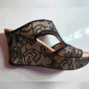 Rene Caovilla  Black Lace Wedge Sandals with crystals size 6