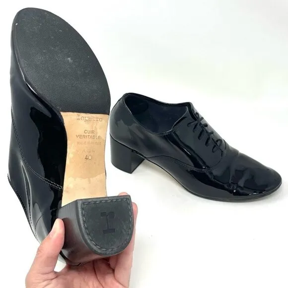 REPETTO Paris Zizi Black Patent Leather Heeled Lace Up Oxford Shoes Size 8/FR40