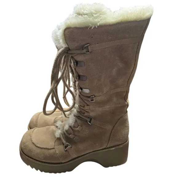 Report Icon Leather Icon Lace Up Chunky Platform Faux Fur Boots 9