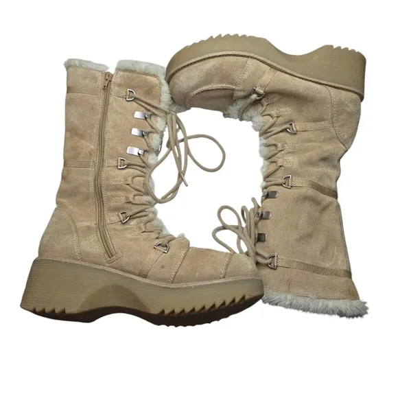 Report Icon Leather Icon Lace Up Chunky Platform Faux Fur Boots 9