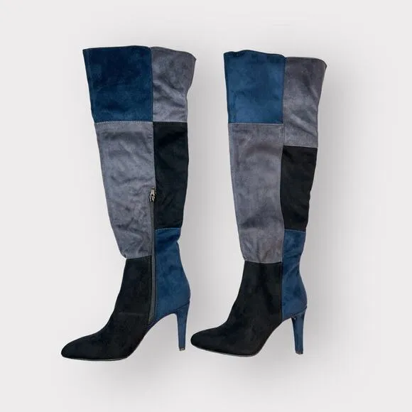 Rialto Carpio Tall Suedette Boots NEW 5.5 Colorblocked Heeled  Navy Shoes Vegan