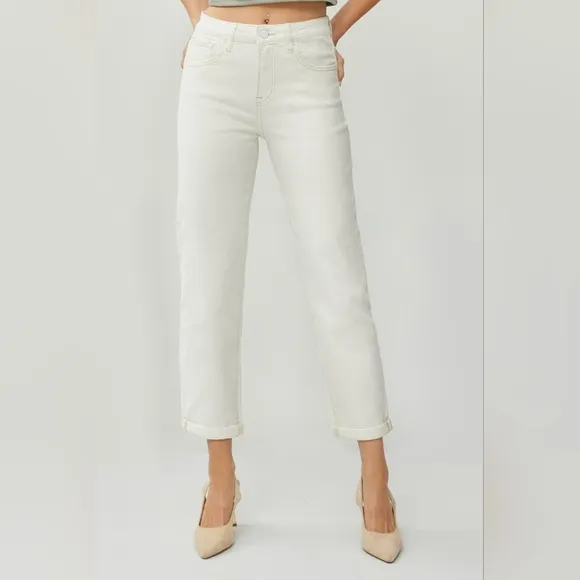 RISEN High-Rise Boyfriend Jeans Straight Leg Rolled Cropped Cuffed Denim Pants