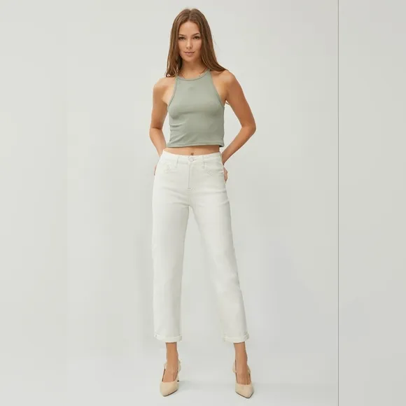 RISEN High-Rise Boyfriend Jeans Straight Leg Rolled Cropped Cuffed Denim Pants