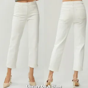 RISEN High-Rise Boyfriend Jeans Straight Leg Rolled Cropped Cuffed Denim Pants