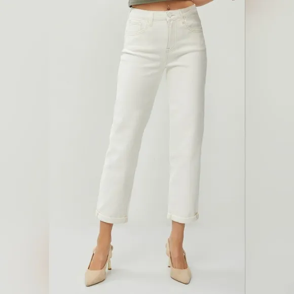 RISEN High-Rise Boyfriend Jeans Straight Leg Rolled Cropped Cuffed Denim Pants