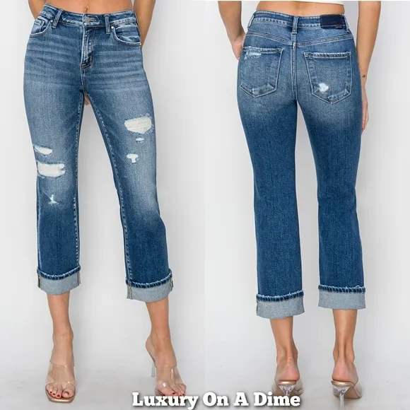 RISEN High-Rise Straight Leg Cuffed Cropped Hem Jeans Distressed Raw Denim Pants