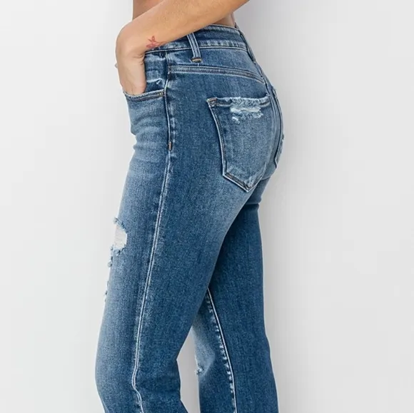 RISEN High-Rise Straight Leg Cuffed Cropped Hem Jeans Distressed Raw Denim Pants