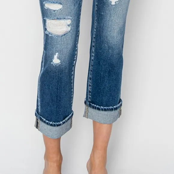 RISEN High-Rise Straight Leg Cuffed Cropped Hem Jeans Distressed Raw Denim Pants