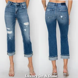 RISEN High-Rise Straight Leg Cuffed Cropped Hem Jeans Distressed Raw Denim Pants