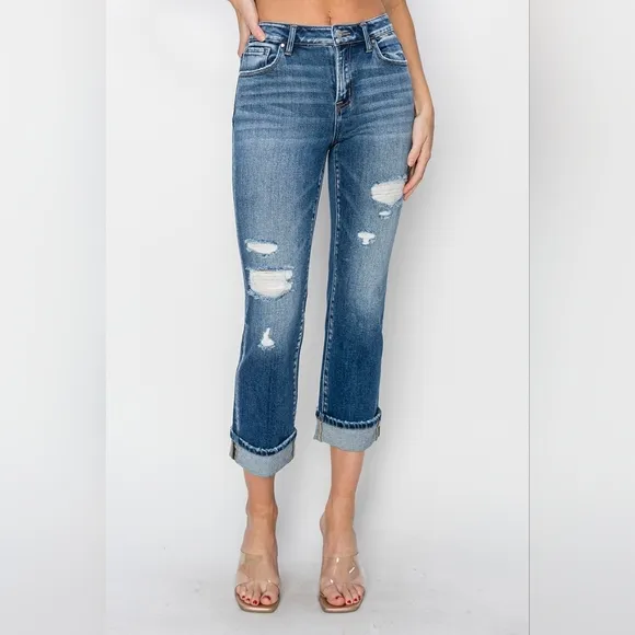 RISEN High-Rise Straight Leg Cuffed Cropped Hem Jeans Distressed Raw Denim Pants