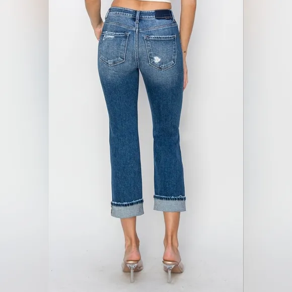 RISEN High-Rise Straight Leg Cuffed Cropped Hem Jeans Distressed Raw Denim Pants