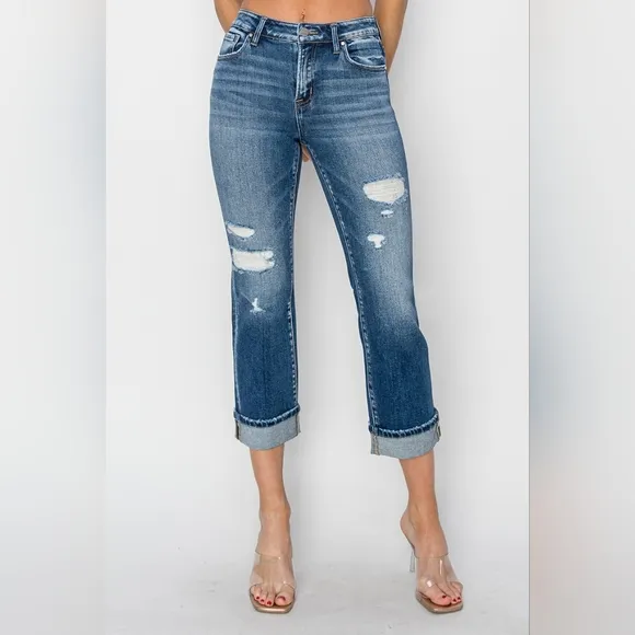 RISEN High-Rise Straight Leg Cuffed Cropped Hem Jeans Distressed Raw Denim Pants