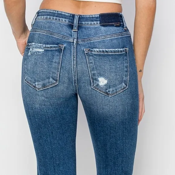 RISEN High-Rise Straight Leg Cuffed Cropped Hem Jeans Distressed Raw Denim Pants