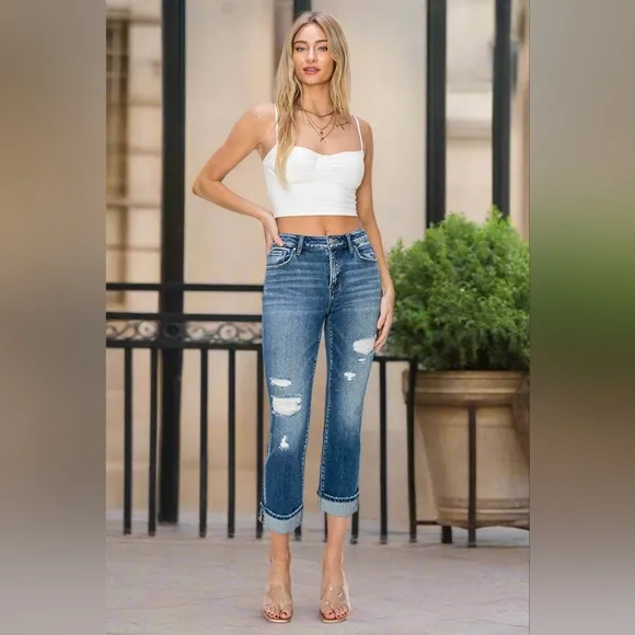 RISEN High-Rise Straight Leg Cuffed Cropped Hem Jeans Distressed Raw Denim Pants