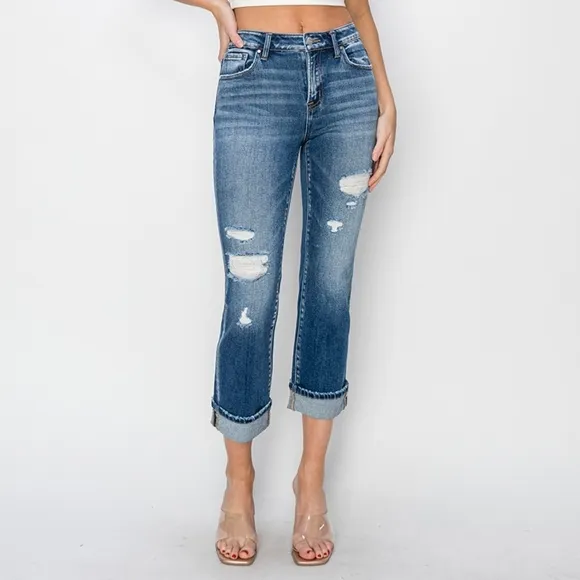 RISEN High-Rise Straight Leg Cuffed Cropped Hem Jeans Distressed Raw Denim Pants