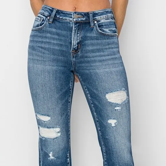 RISEN High-Rise Straight Leg Cuffed Cropped Hem Jeans Distressed Raw Denim Pants