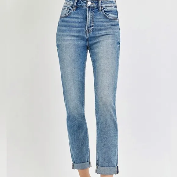 RISEN High-Rise Straight Leg Cuffed Rolled Up Cropped Hem Mom Jeans Denim Pants