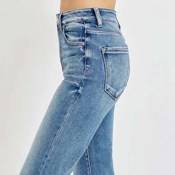 RISEN High-Rise Straight Leg Cuffed Rolled Up Cropped Hem Mom Jeans Denim Pants