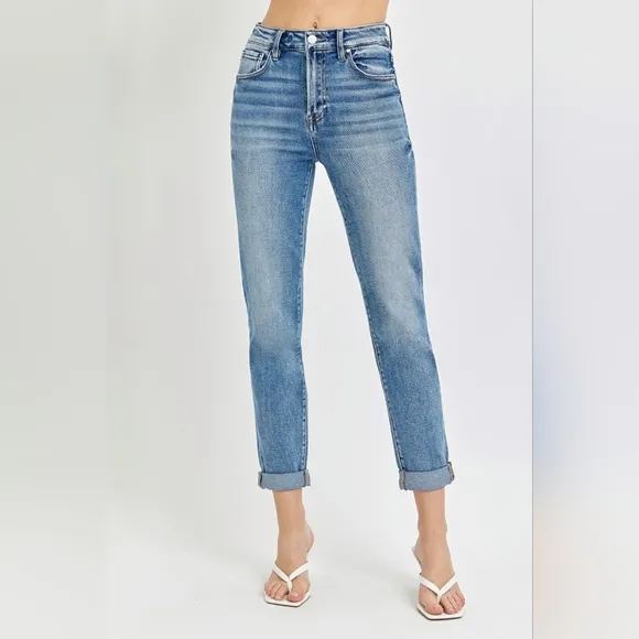 RISEN High-Rise Straight Leg Cuffed Rolled Up Cropped Hem Mom Jeans Denim Pants