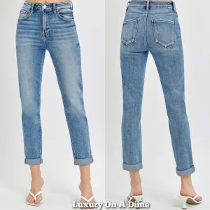 RISEN High-Rise Straight Leg Cuffed Rolled Up Cropped Hem Mom Jeans Denim Pants