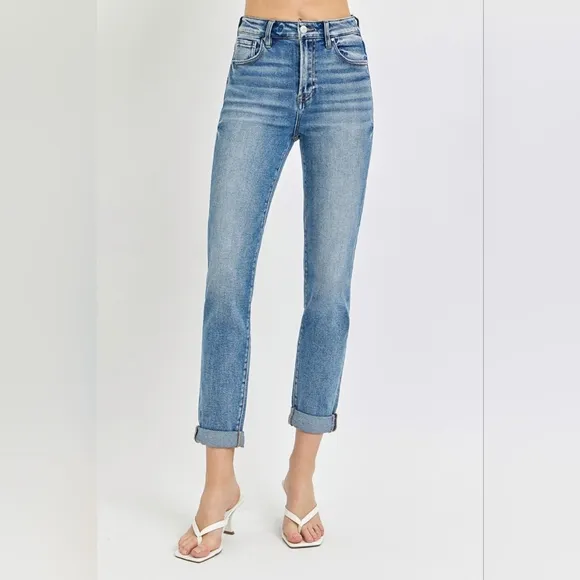 RISEN High-Rise Straight Leg Cuffed Rolled Up Cropped Hem Mom Jeans Denim Pants