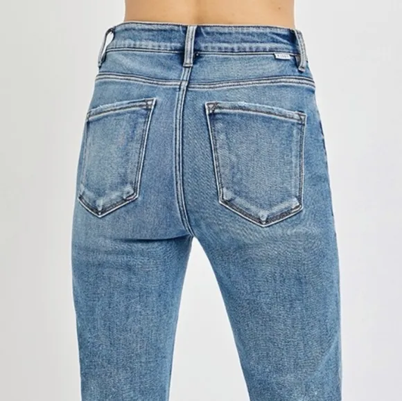 RISEN High-Rise Straight Leg Cuffed Rolled Up Cropped Hem Mom Jeans Denim Pants
