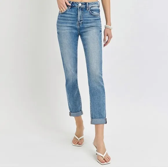RISEN High-Rise Straight Leg Cuffed Rolled Up Cropped Hem Mom Jeans Denim Pants