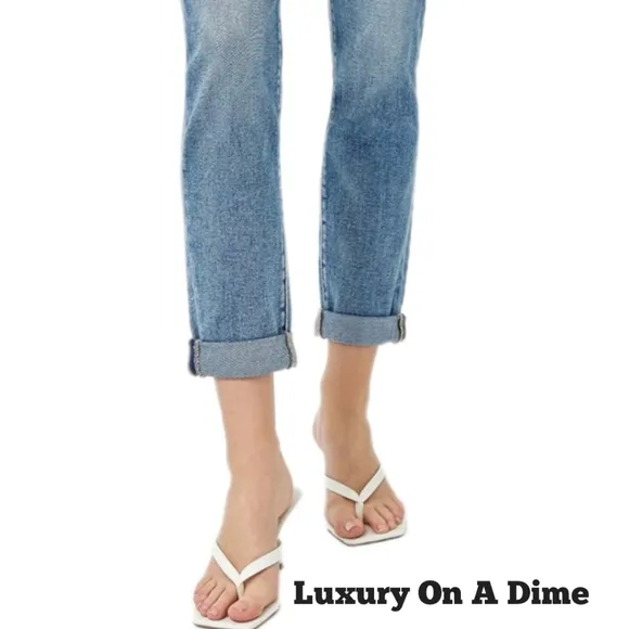 RISEN High-Rise Straight Leg Cuffed Rolled Up Cropped Hem Mom Jeans Denim Pants