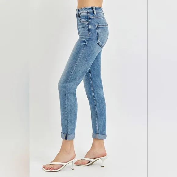 RISEN High-Rise Straight Leg Cuffed Rolled Up Cropped Hem Mom Jeans Denim Pants