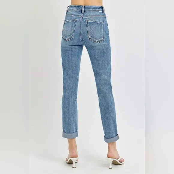 RISEN High-Rise Straight Leg Cuffed Rolled Up Cropped Hem Mom Jeans Denim Pants
