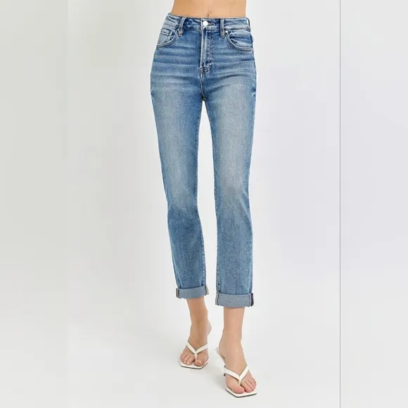RISEN High-Rise Straight Leg Cuffed Rolled Up Cropped Hem Mom Jeans Denim Pants