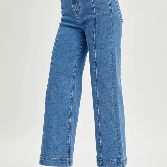 RISEN High-Rise Waist Blue Jeans Retro Wide Leg Front Seam Boyfriend Denim Pants