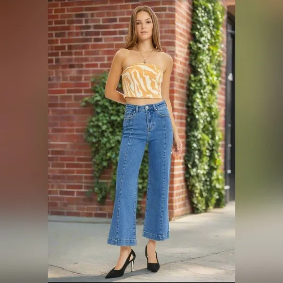 RISEN High-Rise Waist Blue Jeans Retro Wide Leg Front Seam Boyfriend Denim Pants