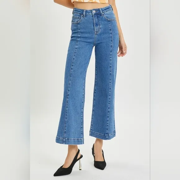 RISEN High-Rise Waist Blue Jeans Retro Wide Leg Front Seam Boyfriend Denim Pants